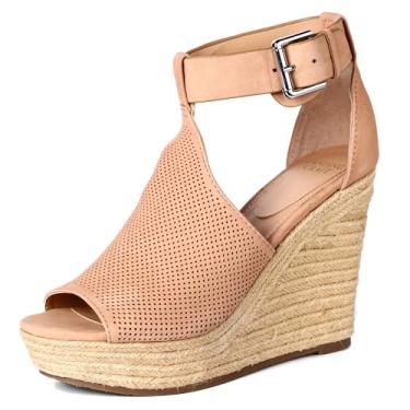 Imagem de landing craft Sandálias femininas de alpargatas com bico redondo aberto e ajustável com velcro e plataforma elegantes - adequadas para sapatos de verão elegantes na praia, B - vermelho claro, 34