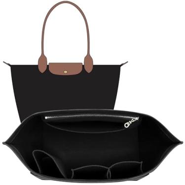 Imagem de OAikor Bolsa organizadora Longchamp compatível com bolsas grandes Le Pliage, bolsa organizadora de feltro com zíper e suporte de copo, 8 compartimentos, divisória personalizada (preto, G)
