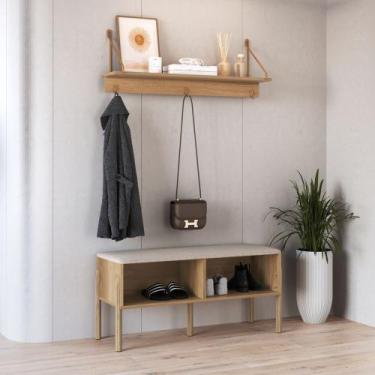Imagem de Conjunto Sapateira Banco Estofada e Prateleira - Pé Madeira Oslo/Compl