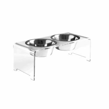 Imagem de Comedouro Duplo Premium para Pets em Acrílico 750ml – Tigela Inox Antiderrapante para Cães e Gatos