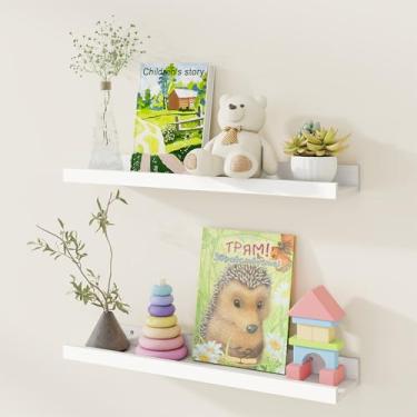 Imagem de Fun Memories Prateleiras flutuantes de madeira de pinheiro, conjunto de 2 prateleiras de livros de berçário de 61 cm, prateleiras de livros de borda de fotos, montadas na parede para sala de estar