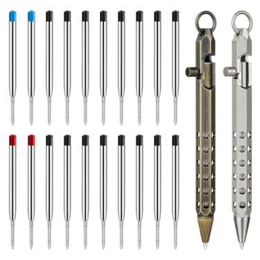 Imagem de Origin-Joy Conjunto de 2 canetas Bolt Action, canetas táticas de bolso EDC de latão sólido de seis bordas com 20 refis esferográficas (preto retrô e cinza níquel)