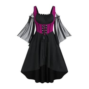 Imagem de Rosegal feminino plus size punk ombro vazado mangas flare laço alto baixo linha midi vestido gótico renascentista vestido espartilho (vermelho_2/4X)