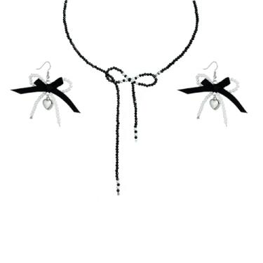 Imagem de Kercisbeauty Gargantilha de gravata borboleta de contas de cristal preto com brincos de coração de fita preta para mulheres, conjunto de joias de casamento e noivas