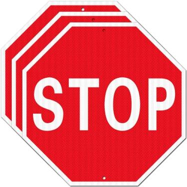 Imagem de Placa grande STOP, placas refletivas de alumínio de 76 cm x 76 cm, proteção UV, sem ferrugem, resistente ao clima - fácil de instalar (pacote com 3)