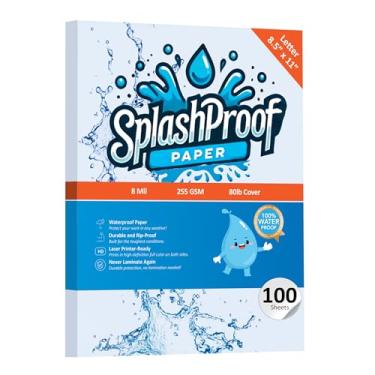 Imagem de SplashProof Papel para impressora - 21,6 cm x 28 cm, papel impermeável de 8 mil, compatível com impressora a laser e máquina de copiar (carta - 21,6 cm x 28 cm, 100 folhas)