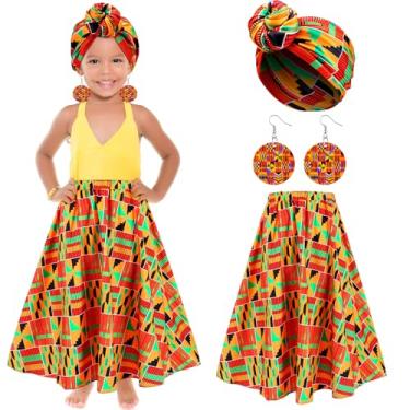 Imagem de Tarpop 3 peças para meninas, roupas africanas, Dashiki, Ankara, traje africano, saia maxi Dashiki, infantil, boho, cabeça, brinco com pingente, Cores clássicas, 6-7 Anos