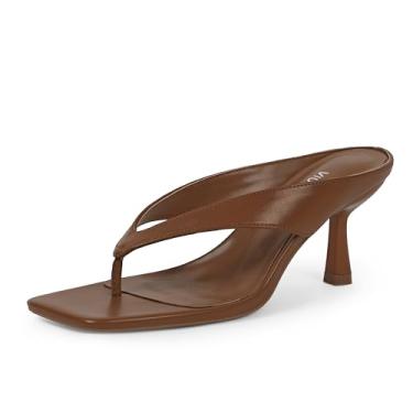 Imagem de VIUGJNEX Chinelo feminino com salto gatinho, bico aberto, salto baixo, fio dental, quadrado, moderno, verão, festa, salto elegante, sandálias femininas, Marrom claro, 37