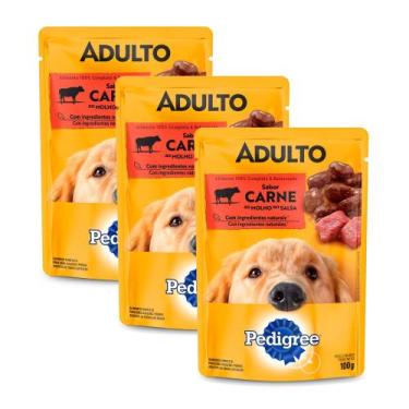Imagem de Kit 3 Ração Úmida para Cachorro Pedigree Adulto Sabor Carne ao Molho e