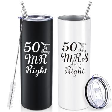 Imagem de 2 peças de caneca de café de aniversário de 50º casamento, 50 anos de ser MR/MRS sempre certo conjunto de presentes para avós casal marido esposa, caneca de 590 ml com tampas e caixa de presente (preta, branca)