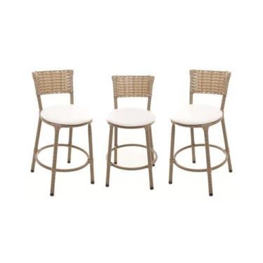 Imagem de KIT 3 Banqueta Baixa Encapada Junco CAPPUCCINO Bar Cozinha - ESPAÇO JU