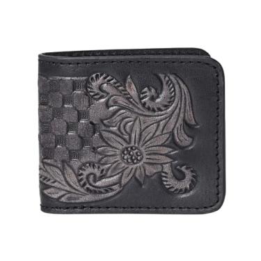 Imagem de Carteira masculina hipster de couro bovino adorável feita à mão, Preto/cinza, Paisley floral preto