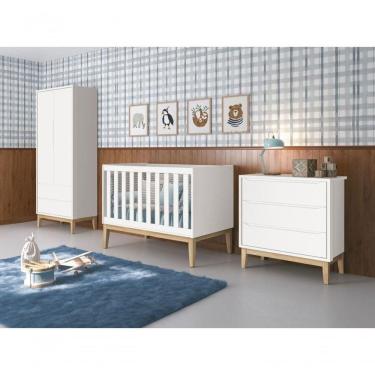 Imagem de Jogo De Quarto Para Bebê Completo 2 Portas Classic New Branco Fosco Com Natural - Reller