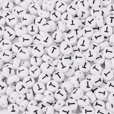 Imagem de Spritewelry 500 peças de contas de acrílico com letra branca letra T contas redondas planas com orifício horizontal para artesanato, pulseira, colar, chaveiro, cordão
