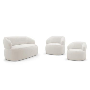 Imagem de Kit 02 Poltronas Giratória E 01 Sofá Orgânico Glee 03 Lugares 170cm Bouclê Off White - Abmaza