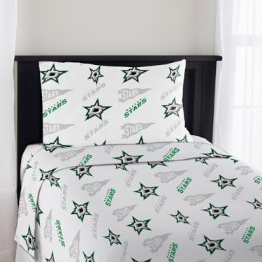 Imagem de Northwest Jogo de lençol solteiro oficialmente licenciado pelo Dallas Stars NHL – Roupa de cama confortável com logotipos de times repetidos para fãs de hóquei, dormitórios e quartos espirituais de