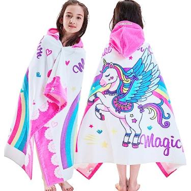 Imagem de Toalhas infantis com capuz de 3 a 10 anos, 76 x 127 cm, macias | grossas | 100% algodão | Absorventes | Envoltório grande | saída de praia, piscina, banho, natação, unicórnio mágico branco