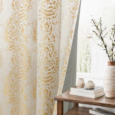 Imagem de KOUFALL Cortinas douradas de 262 cm de comprimento para sala de jantar Boho envelhecido damasco estampa floral 100% blackout com bloqueio de luz, cortinas estampadas para sala de estar, porta