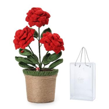 Imagem de TALIBSA Caixa de presente feita à mão para vaso de flores de rosa, flores de crochê, vasos de tricotado feito à mão, flores de crochê, flores folhadas de crochê, vasos de plantas, presentes para