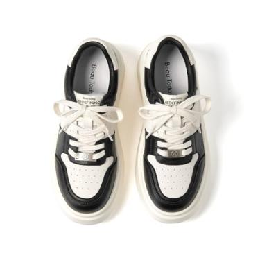 Imagem de BEAU TODAY Tênis feminino branco plataforma, casual, de couro, grosso, moderno, bonito, confortável, com cadarço, sem cadarço, Preto e branco, 37