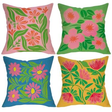 Imagem de Fjfz Conjunto de 4 capas de almofada decorativas de flores retrô 45,7 x 45,7 cm, decoração de casa ao ar livre, decoração de casa, primavera, verão, sofá, sofá, capa de almofada, presente de
