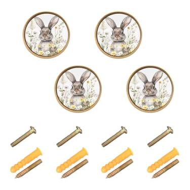 Imagem de Burbuja Puxadores de armário de cozinha fofos de flores silvestres Little Bunny Pacote com 4 puxadores de gaveta redondos de 3,5 cm com parafusos para armários de cozinha, quarto, armário