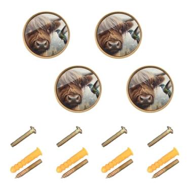 Imagem de Burbuja Puxadores de armário de cozinha com beija-flor de vaca, pacote com 4, puxadores redondos de 3,5 cm, puxadores de cômoda com parafusos para cozinha, quarto, armários, armário