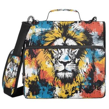Imagem de Fichário com zíper de leão de arte colorida com alça e alça de ombro, fichário de 3 anéis de 3 cm