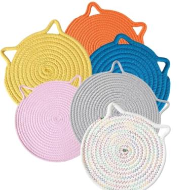 Imagem de 6 peças de porta-copos para gatos de 12 cm, bonito algodão absorvente 6 cores boho porta-copos com suporte, decoração de casa, proteção de mesa para café, cerveja, bebidas, presentes