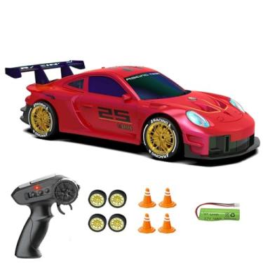 Imagem de Carro RC Drift 1/24 2,4 GHz 4WD Controle Remoto Esportivo Corrida, Baterias e Pneus Drift (P Vermelho)