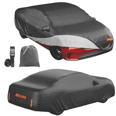 Imagem de Mockins Proteção extra grossa para carro com 250 g de PVC revestido de algodão resistente Sedan capa para carro impermeável 49 x 190 x 150 cm, capa espelhada com listras refletivas para armazenamento de carro, proteção contra chuva