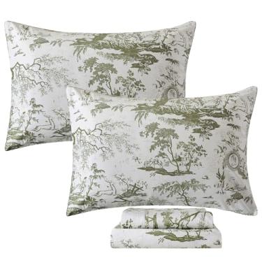 Imagem de FADFAY Conjunto de lençóis de banheiro Cal King verde sálvia Toile de Jouy roupa de cama pastoral campo francês 100% algodão egípcio roupa de cama de fazenda respirável macio 4 peças conjunto de