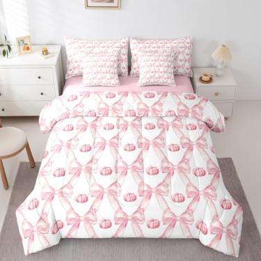Imagem de Erosebridal Jogo de cama casal com laço rosa, abóbora de outono, 7 peças, rosa e branco, para quarto de crianças, adolescentes, conjunto de lençol com edredom