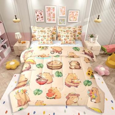 Imagem de Erosebridal Jogo de cama solteiro com estampa de capivara, 7 peças, kawaii, capivara, para amantes de animais kawaii, para amantes de animais kawaii, conjunto de lençol com edredom, melancia, floral