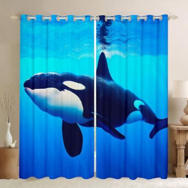 Imagem de Erosebridal Cortinas de baleia assassina 3D, cortinas blackout com tema marinho marinho, cortinas e cortinas de animais do oceano 104 x 63 L, cortinas de janela de peixe baleia preta para meninos e