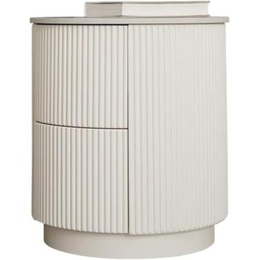 Imagem de Mesa De Cabeceira Elegante Design De Listras Verticais Redonda Com 2 Gavetas Mesa De Cabeceira Moderna, Mesas De Cabeceira De Madeira Para Quarto, Mesa Final Para Sala De Estar