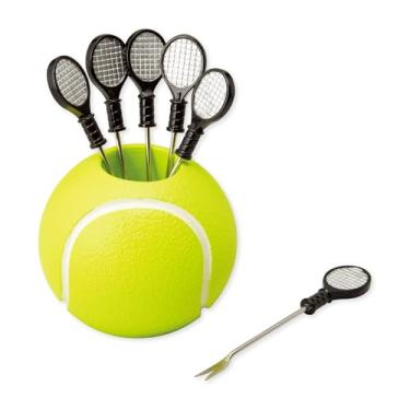 Imagem de Conjunto de 7 palhetas de tênis e coquetéis com suporte, garfos de aperitivo reutilizáveis para queijo, frutas, lanches, festa ou bar, suporte de poliresina e 6 palhetas de aço inoxidável