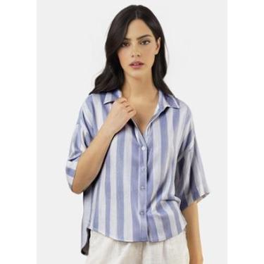 Imagem de Camisa Feminina Listrada Branca e Azul Viscose Manga Curta-Feminino