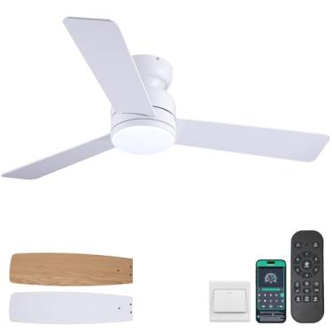 Imagem de Kviflon Ventiladores de teto de 117 cm com luzes e controle remoto/aplicativo, ventilador de teto de perfil baixo com luz, montagem embutida, 3 CCT, 3 lâminas reversíveis, ventilador de teto moderno