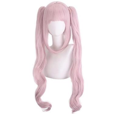 Imagem de Peruca de cosplay rosa claro, longa e encaracolada, com franja, 68 cm 