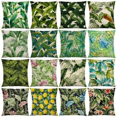 Imagem de Conjunto de fronhas de linho com estampa de folhas verdes tropicais x4