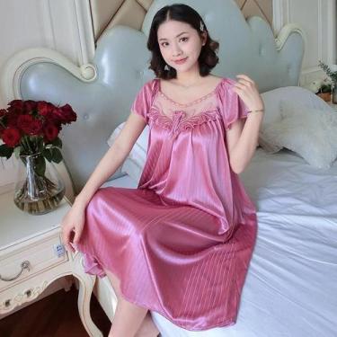 Imagem de Camisola Feminina Sexy de Seda Gelada - Manga Curta e Comprimento Médi