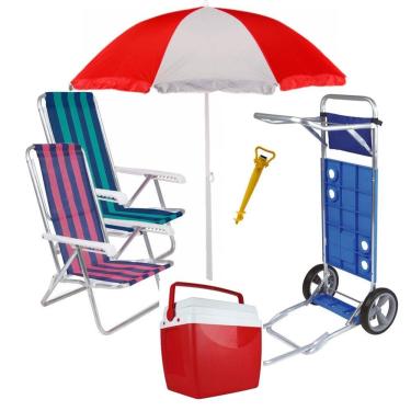 Imagem de Kit Praia Carrinho Com Avanço + 2 Cadeira Reclinável + Guarda Sol + Caixa Térmica + Saca Areia - Mor