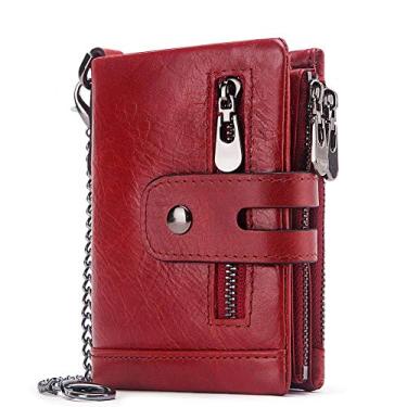 Imagem de Carteira Masculina Couro Genuíno Dobrável, Bolso para Moedas, Clipe para Dinheiro Bloqueio de RFID Corrente Zíper Chaveiro Vermelha