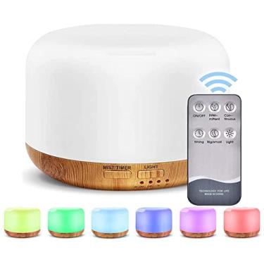 Imagem de Difusor aromático e umidificador de ar ultrassônico elétrico com 300 ml, controle remoto, desligamento automático, LEDs com 7 cores alternantes, para quarto, casa, escritório
