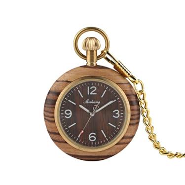 Imagem de CNBPIC Rosto Aberto Castanho Madeira Quartzo Relógio de Bolso Pingente Relógio Dourado Corrente Relógios de Bolso com Saco Caixa