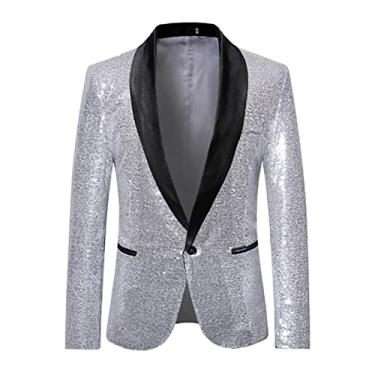 Imagem de Blazer Slim-Fit lantejoulas Glitter Terno Jaqueta Masculina Boate Baile Casaco de Formatura Roupas de Palco Para Cantores Um Botão Tops de Festa de Casamento, Prata, GG (Busto: 118cm)