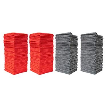 Imagem de Panos de limpeza de microfibra antimicrobiana 79135 da Pull N Wipe com caixa dispensadora gratuita, pacote com 100, 12" x 12", vermelho/cinza