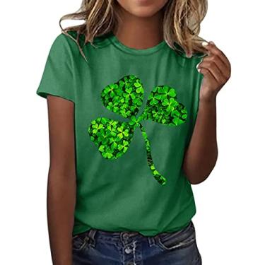 Imagem de Camiseta feminina do Dia de São Patrício, verde, irlandês, trevo casual, gola redonda, camisetas estampadas fofas 2024, 0112-verde, GG