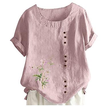 Imagem de Camiseta feminina de linho, floral, estampada, folgada, manga curta, gola redonda, botão, túnica, camisa de verão, rosa, GG